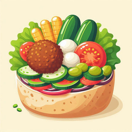 Vegetarian sandwich with meatballs and vegetables. Vector illustration.のイラスト素材