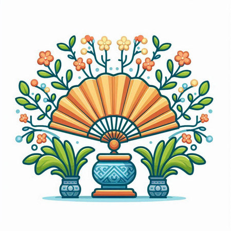 Folding fan with flowers and leaves. Vector illustration in cartoon style.のイラスト素材