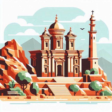 Vector illustration of the Roman Catholic church in the mountains. Retro style.のイラスト素材