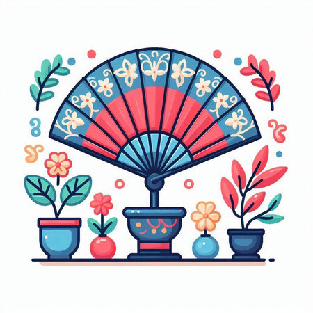 Hand drawn vector illustration of a fan with flowers in a pot.のイラスト素材
