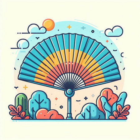 Colorful hand fan in the park. Vector illustration in flat styleのイラスト素材