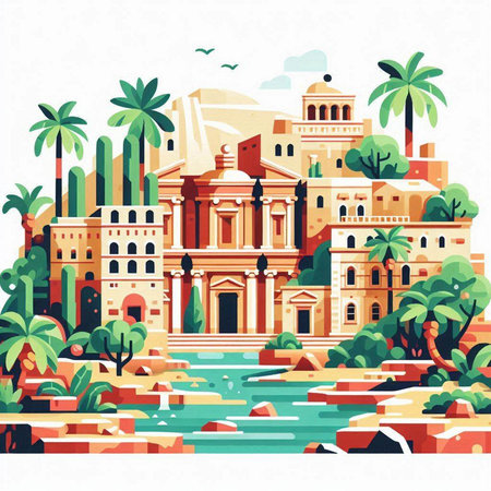 Palm trees and buildings in Egypt. Vector illustration in flat styleのイラスト素材
