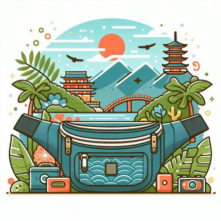 Travel and tourism concept. Vector illustration with hand drawn bag, camera, binoculars, mountains and palm trees.のイラスト素材