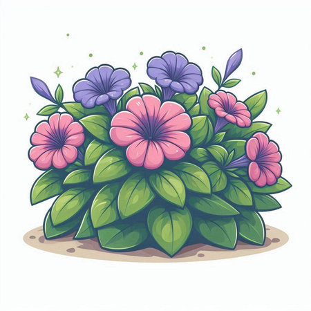 Illustration of pink and purple flowers with green leaves on white backgroundのイラスト素材