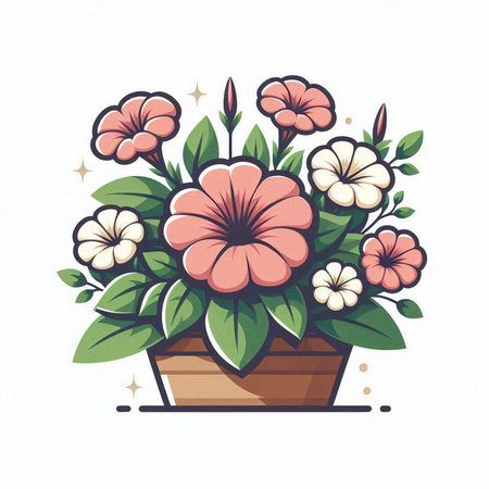 Flowers in pot isolated on white background. Vector illustration in flat style.のイラスト素材