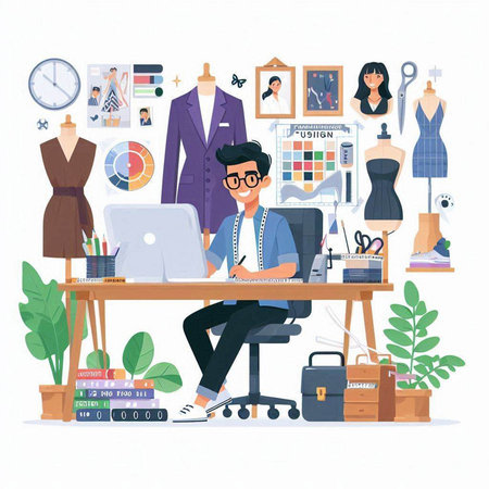 Fashion designer man working at his office. Vector illustration in flat styleのイラスト素材
