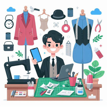 Sewing and tailoring concept. Sewing workshop. Dressmaker at work. Vector illustrationのイラスト素材