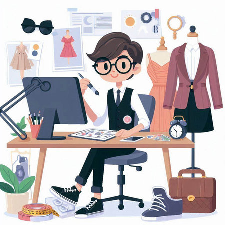 Young fashion designer working at his desk in office. Vector illustration.のイラスト素材