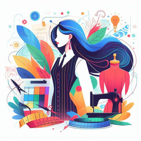 Fashion designer woman working at her studio. Colorful vector illustration.のイラスト素材