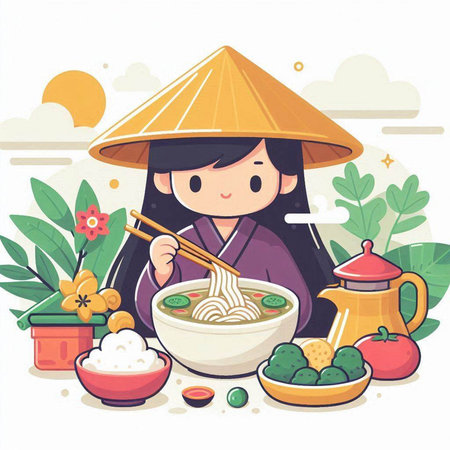 Illustration of a Little Girl Eating Noodle Soup with Vegetablesのイラスト素材