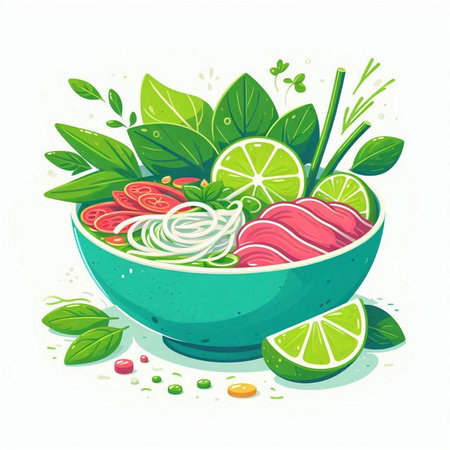 Vector illustration of a bowl of sashimi with lime and herbsのイラスト素材
