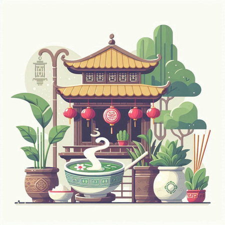 Chinese temple design with traditional elements. Vector illustration in flat style.のイラスト素材