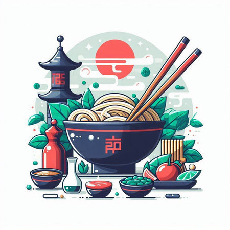 Noodles in a bowl with chopsticks. Vector illustration.のイラスト素材