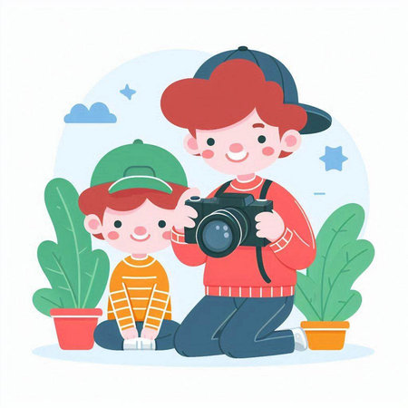 Father and son taking photos with camera. Flat style vector illustration.のイラスト素材