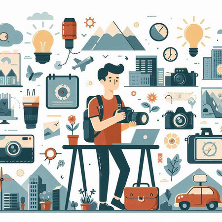 Vector illustration of photographer in flat design style with icons and elements on white background.のイラスト素材
