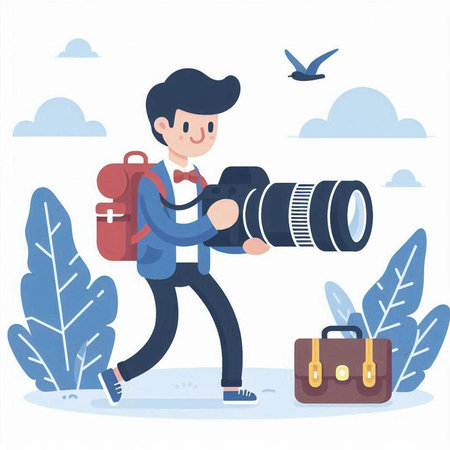 Photographer with camera and bag. Vector illustration in flat style.のイラスト素材