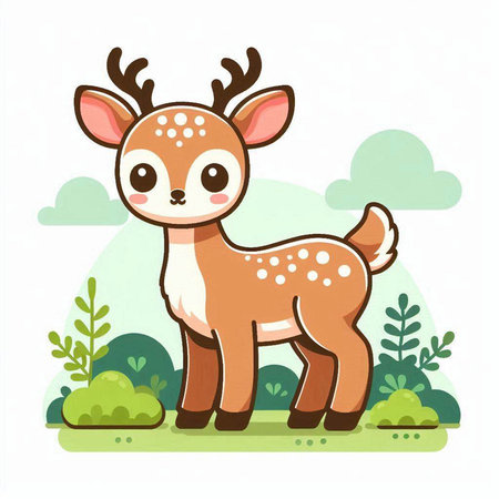 Cute deer in the forest. Vector illustration in flat style.のイラスト素材