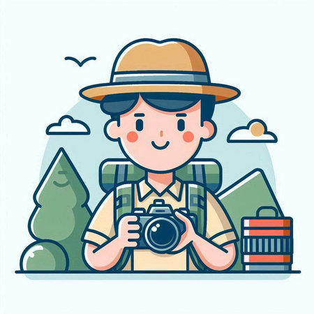 Tourist man with camera. Vector illustration in flat cartoon style.のイラスト素材