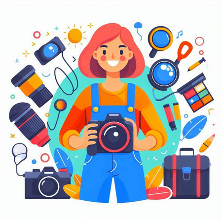 Photographer girl with camera and accessories. Flat style vector illustration.のイラスト素材