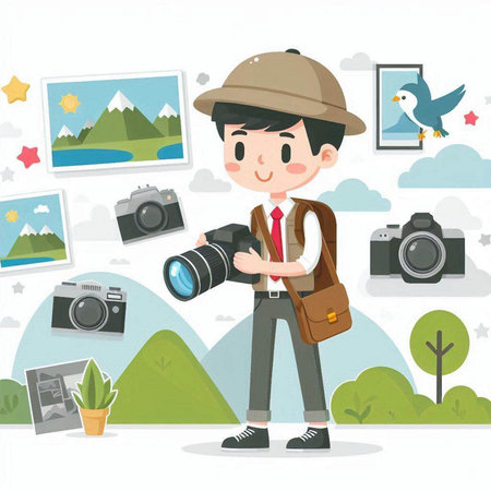 Photographer with camera on nature background. Vector illustration in flat styleのイラスト素材