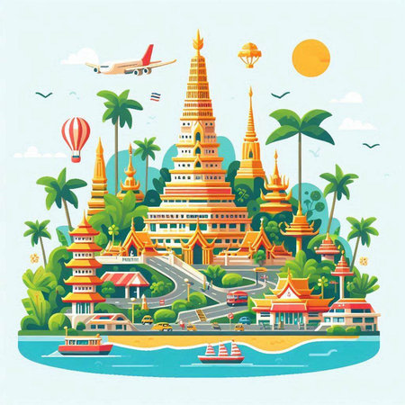 Thailand travel concept. Landmarks of Thailand. Vector illustration.のイラスト素材