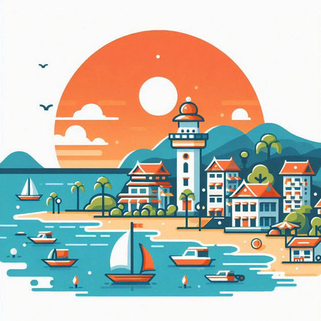 Landscape of the sea, lighthouse and houses. Vector illustration.のイラスト素材