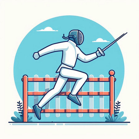 Fencing sport vector illustration. Sportman in helmet jumping over fence.のイラスト素材