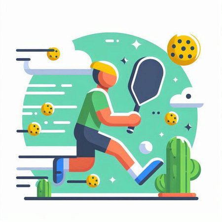 Flat vector illustration of a boy playing tennis on a sunny dayのイラスト素材