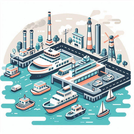 Vector isometric illustration of industrial area with ships and power plant.のイラスト素材