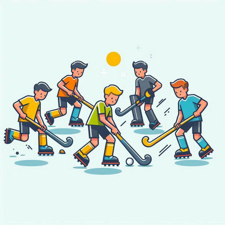 Illustration of a group of children playing hockey. Flat style vector illustration.のイラスト素材