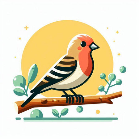 Vector illustration of a red-finch on a branch in a flat style.のイラスト素材