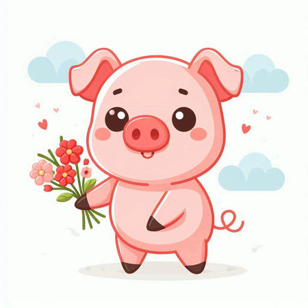 Cute pig with flowers and hearts. Vector illustration in cartoon style.のイラスト素材