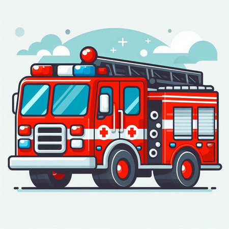 Fire engine vector illustration. Flat cartoon style. Emergency vehicle. Firefighters.のイラスト素材