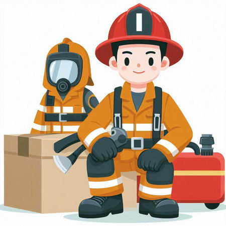Fireman in uniform with helmet and axe and box. Vector illustration.のイラスト素材
