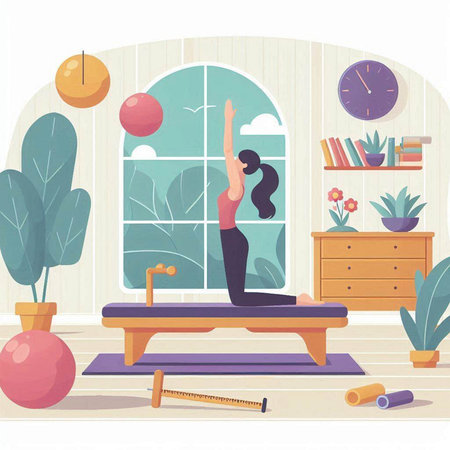 Vector illustration of a woman practicing yoga at home in front of the windowのイラスト素材