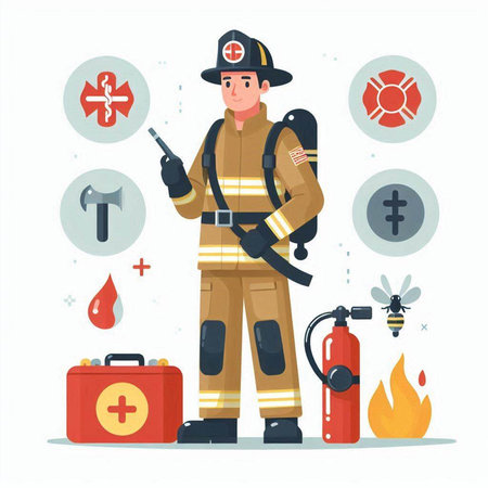 Firefighter with tools. Vector illustration in flat style on white background.のイラスト素材
