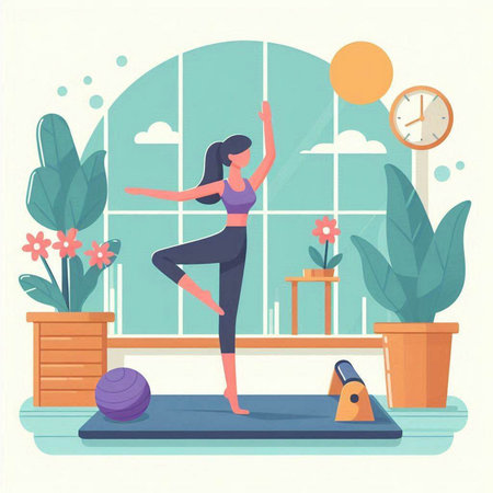 Woman practicing yoga at home. Healthy lifestyle concept. Vector illustration.のイラスト素材