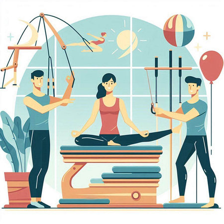 Man and woman doing yoga at home. Vector illustration in flat styleのイラスト素材