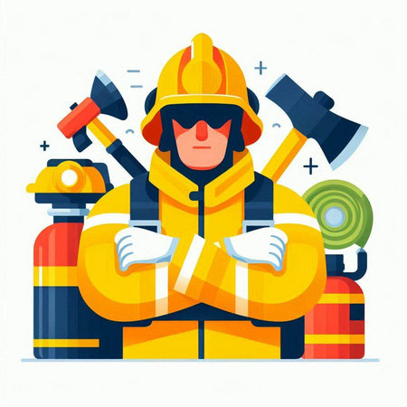 Firefighter, fireman in uniform and helmet with ax. Flat vector illustration.のイラスト素材