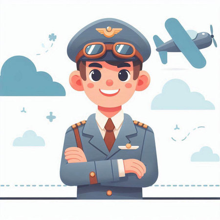 Cute cartoon pilot in uniform with airplane on background. Vector illustrationのイラスト素材