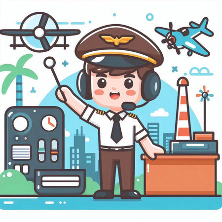 Pilot and airplane on the background of the city. Vector illustrationのイラスト素材