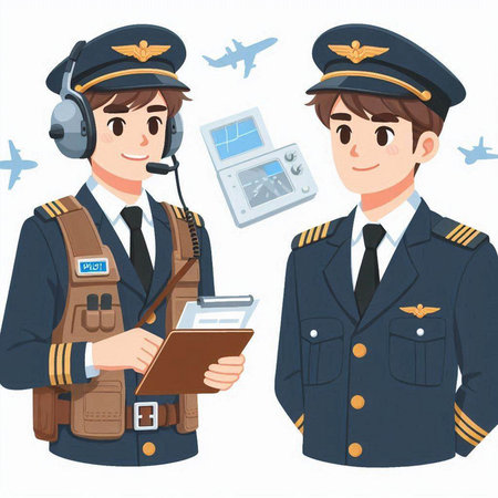 Vector illustration of pilot and pilot in uniform with checklist and airplane.のイラスト素材