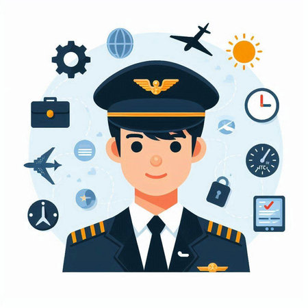 Pilot in uniform. Vector illustration in flat style. Cartoon character.のイラスト素材
