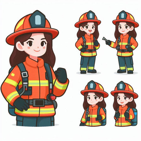 Illustration of a female firefighter wearing a safety vest and a helmetのイラスト素材