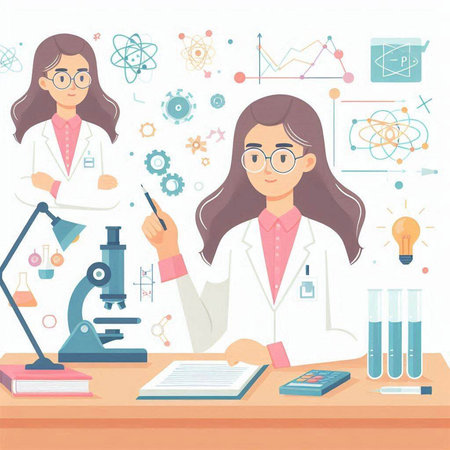 Scientist woman working in laboratory with microscope and test tubes. Vector illustrationのイラスト素材