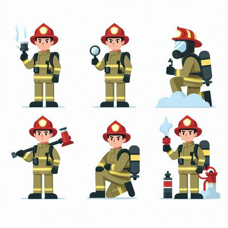 Fireman character set. Vector illustration of fireman in different situations.のイラスト素材