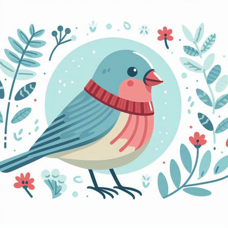Vector illustration of cute little bird with a red hat and scarf.のイラスト素材