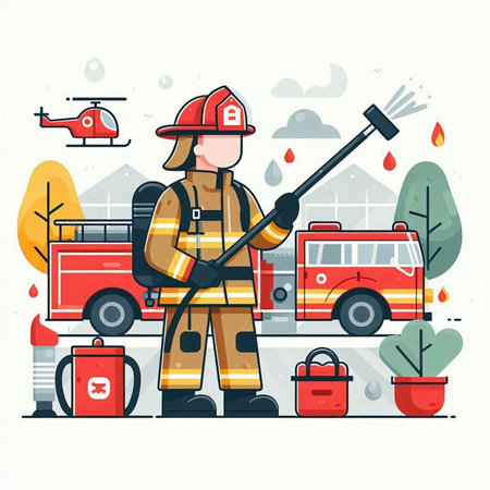 Firefighter in uniform with fire truck and extinguisher. Flat vector illustration.のイラスト素材