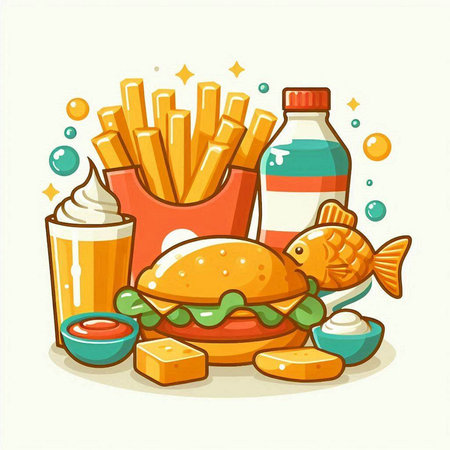 Fast food vector illustration. Hamburger, french friesnnaise, beer, fish and chips.のイラスト素材