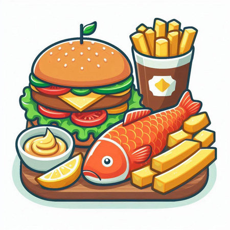 Fast food restaurant menu. Vector illustration of hamburger, french fries and fishのイラスト素材